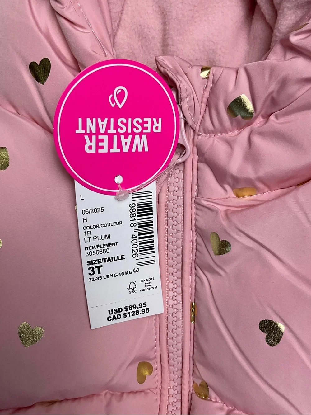 The Children's Place Pink Puffer Jacket with Gold Heart Print